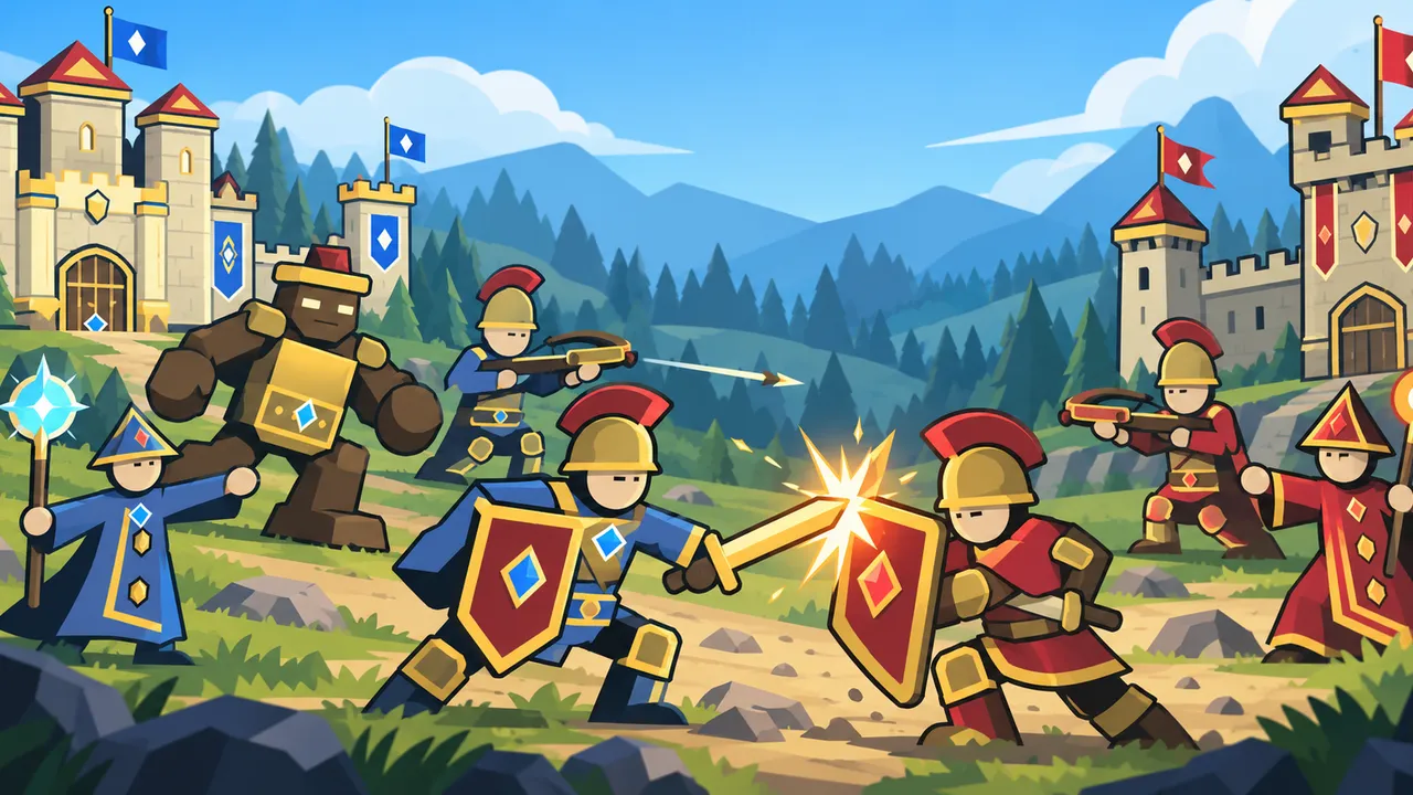 Castle Grid marketing illustration of blue soldiers, a giant and magical units assembled in formation.