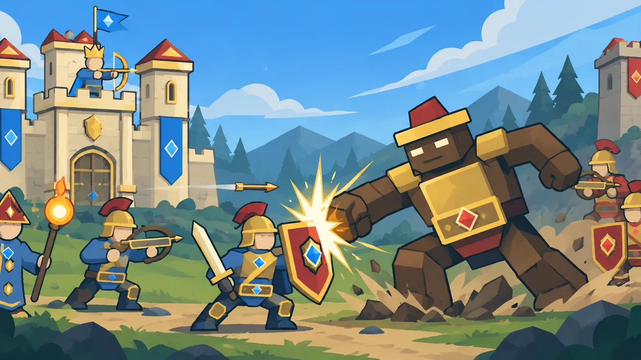 Castle Grid marketing illustration of a blue castle and its defenders facing red attackers.